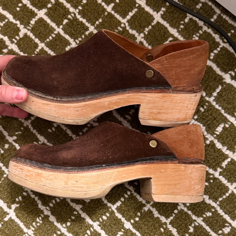 Suede Wooden Clog Mules in Dark Brown